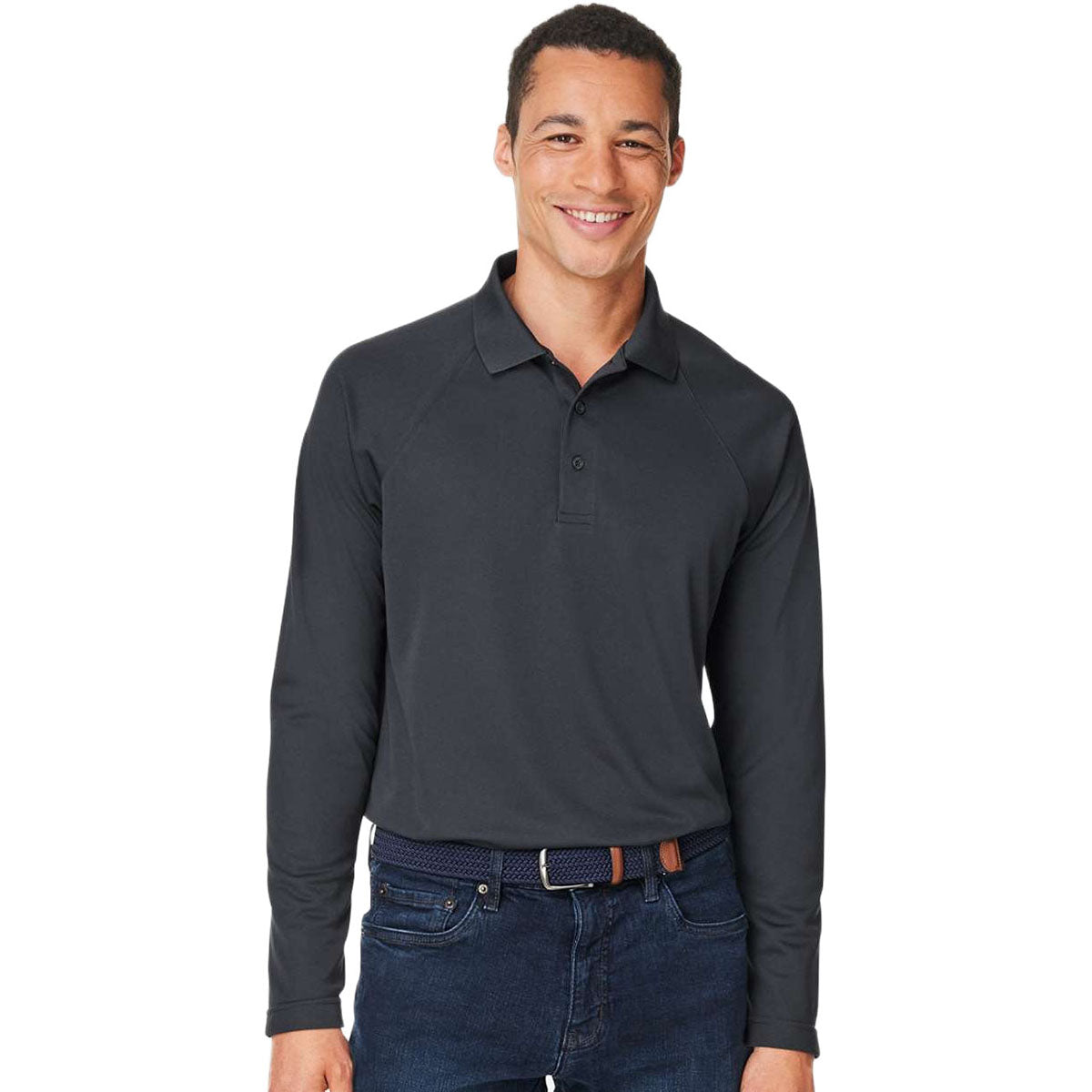 Harriton Men's Dark Charcoal Charge Snag and Soil Protect Long Sleeve Polo