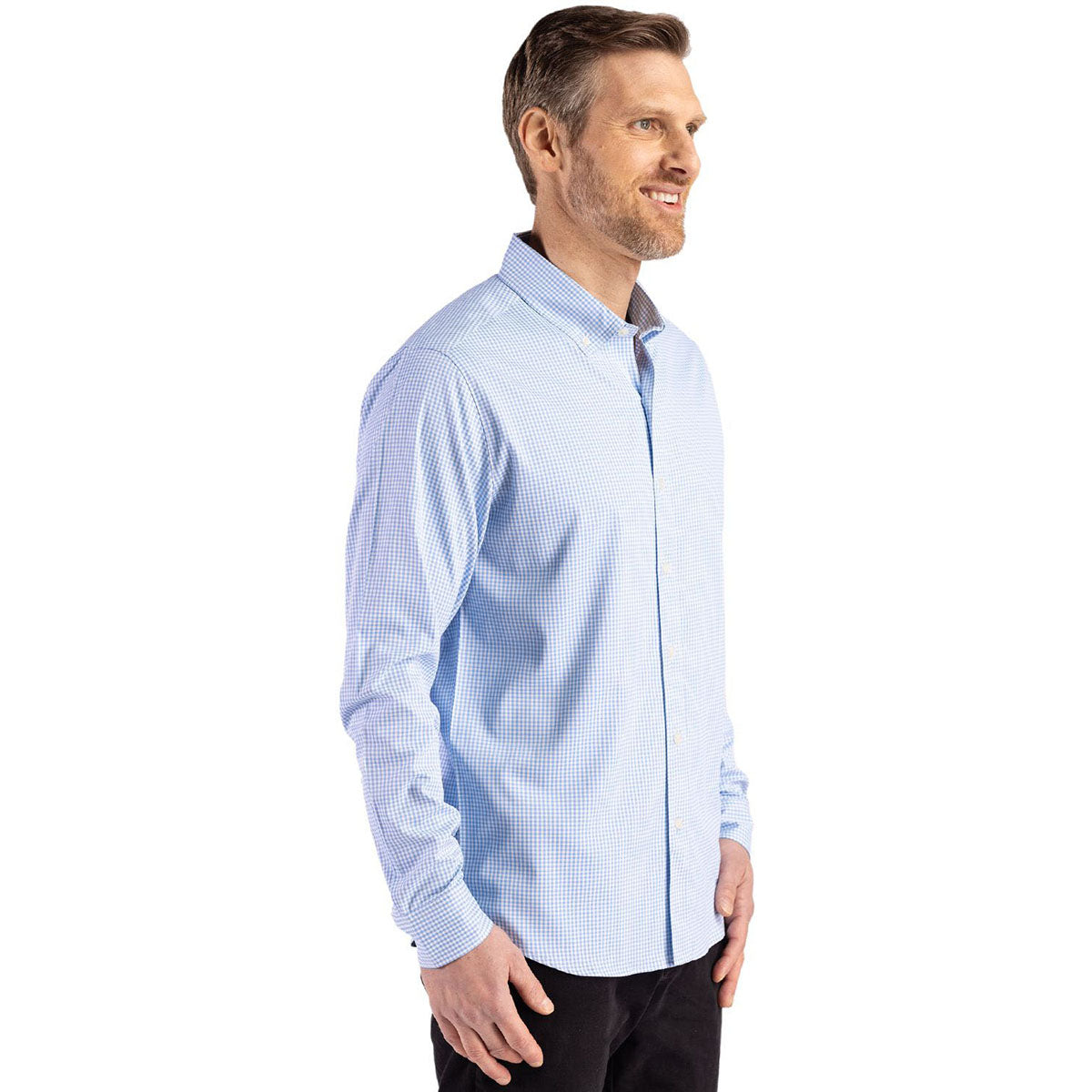 Cutter & Buck Men's Atlas/White Skyline Epic Confidence Recycled Gingham Long Sleeve Dress Shirt