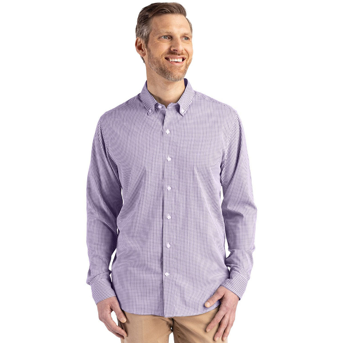 Cutter & Buck Men's College Purple/White Skyline Epic Confidence Recycled Gingham Long Sleeve Dress Shirt
