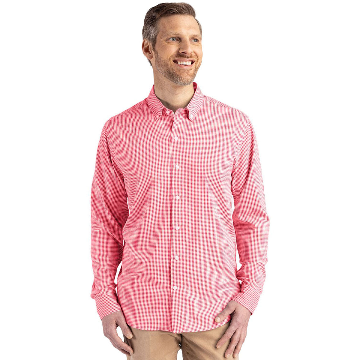 Cutter & Buck Men's Red/White Skyline Epic Confidence Recycled Gingham Long Sleeve Dress Shirt