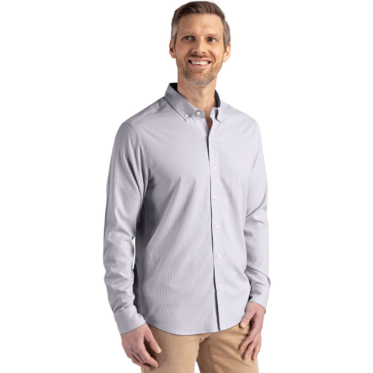Cutter & Buck Men's Elemental Grey/White Skyline Epic Confidence Recycled Pinstripe Long Sleeve Dress Shirt