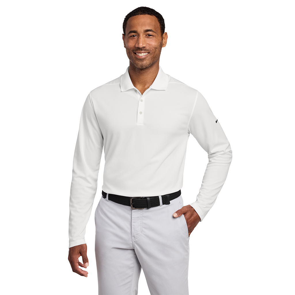 Nike Men's White Dri-FIT Micro Pique 2.0 Long Sleeve Polo