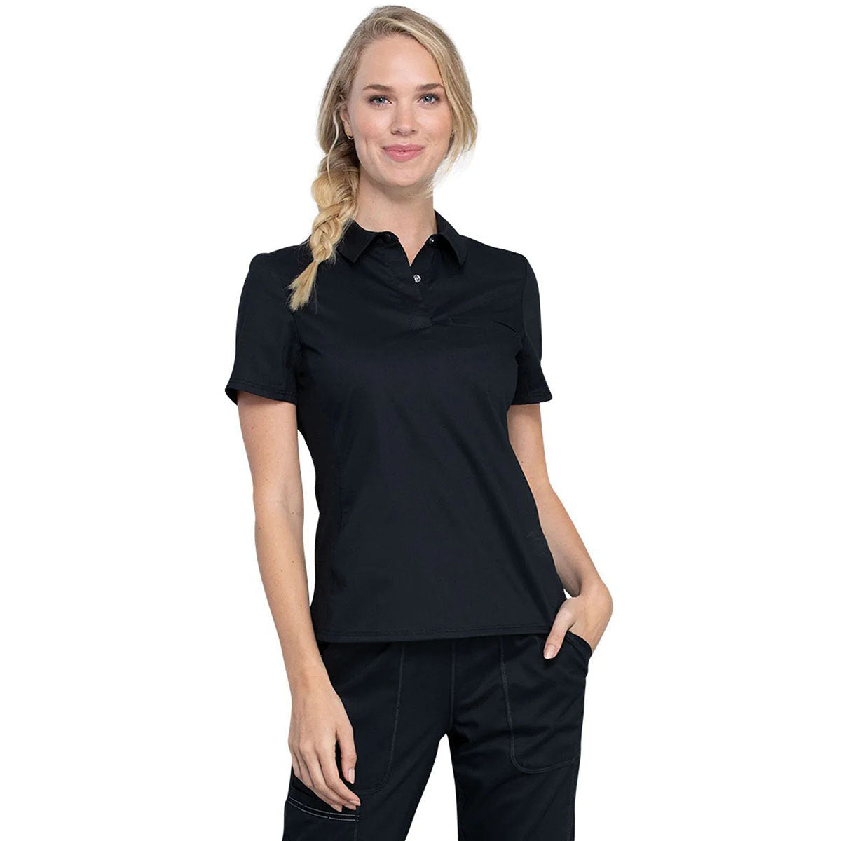 Cherokee Women's Black Tuckable Snap Front Polo Shirt